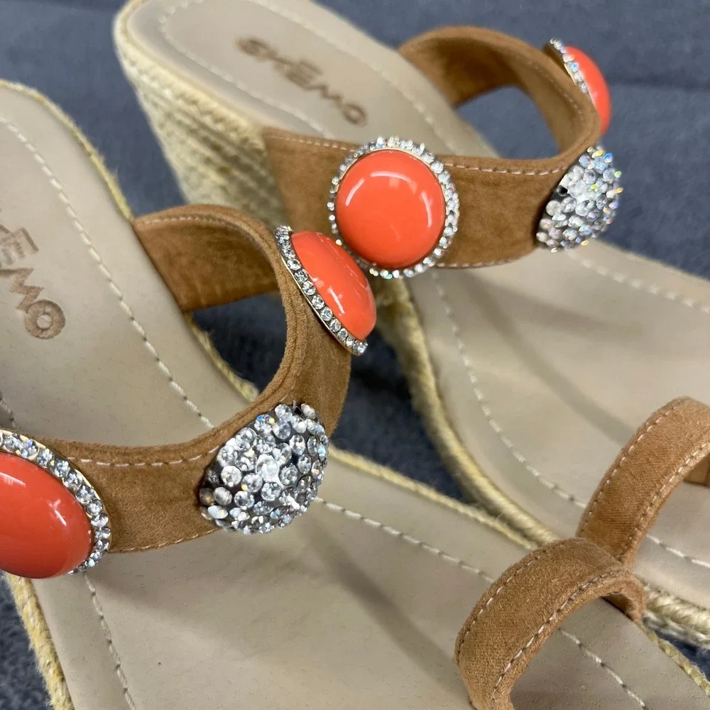 Skemo Wedge Sandals Womens 10‎ Tan Coral Embellished Espadrille Boho Rhinestone